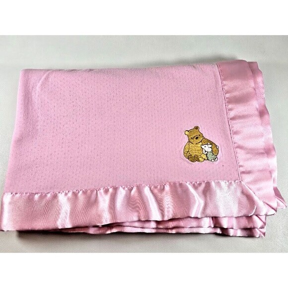 HTF  Disney Store Classic Pooh And Piglet Embroidered Pink Satin Baby Blanket - Picture 1 of 7